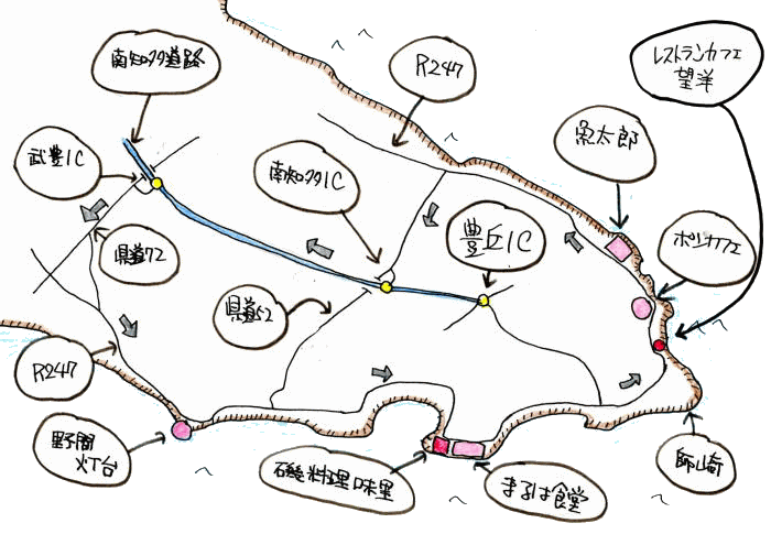 野間灯台、望洋、ぽんかふぇルート図